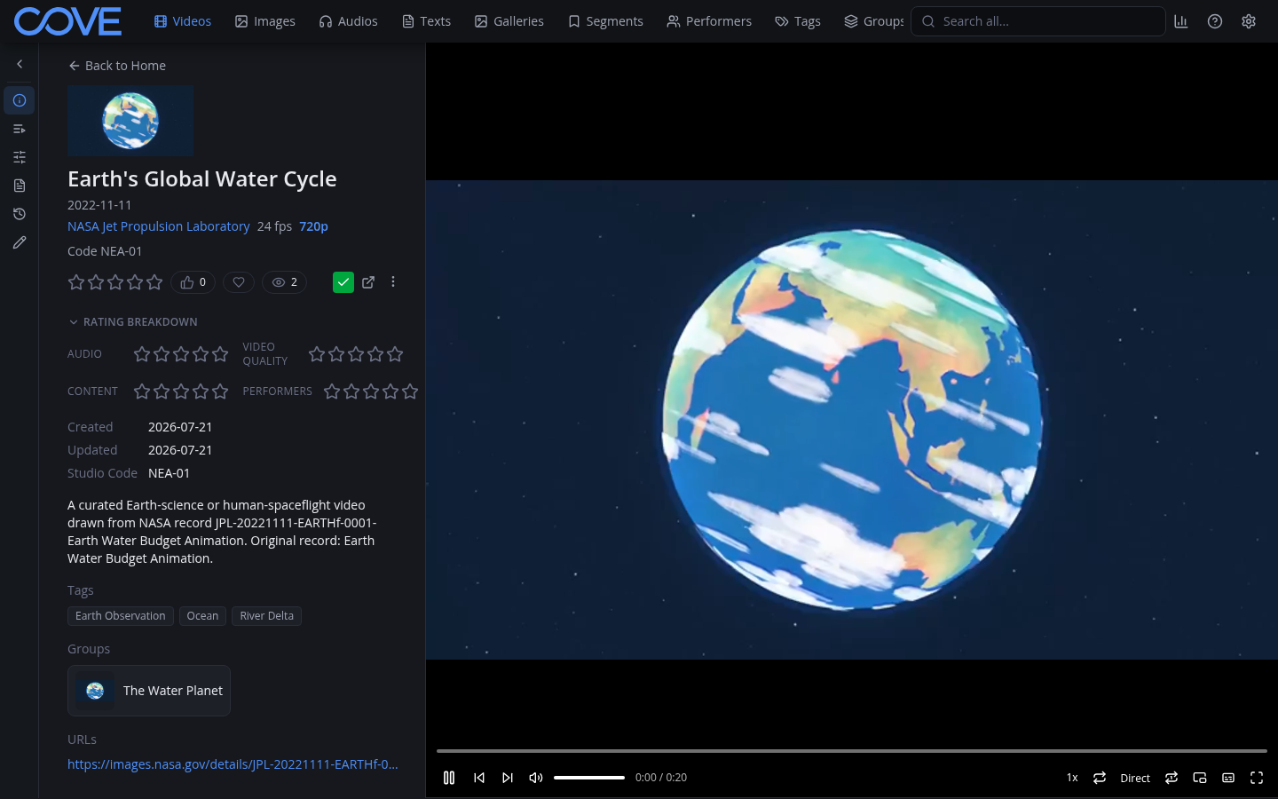 Sample video detail page with metadata and relationships beside the video player