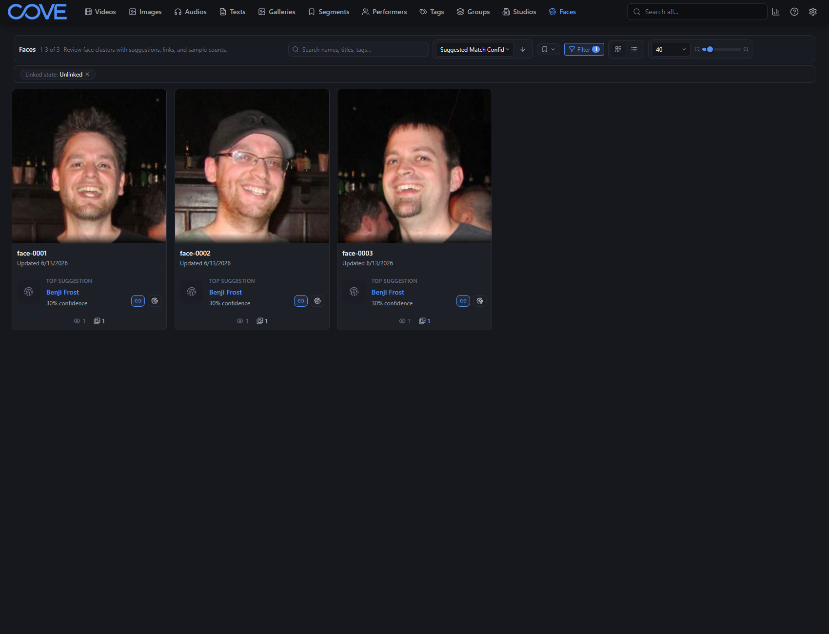 Cove faces page showing recognized people with suggested performer matches.