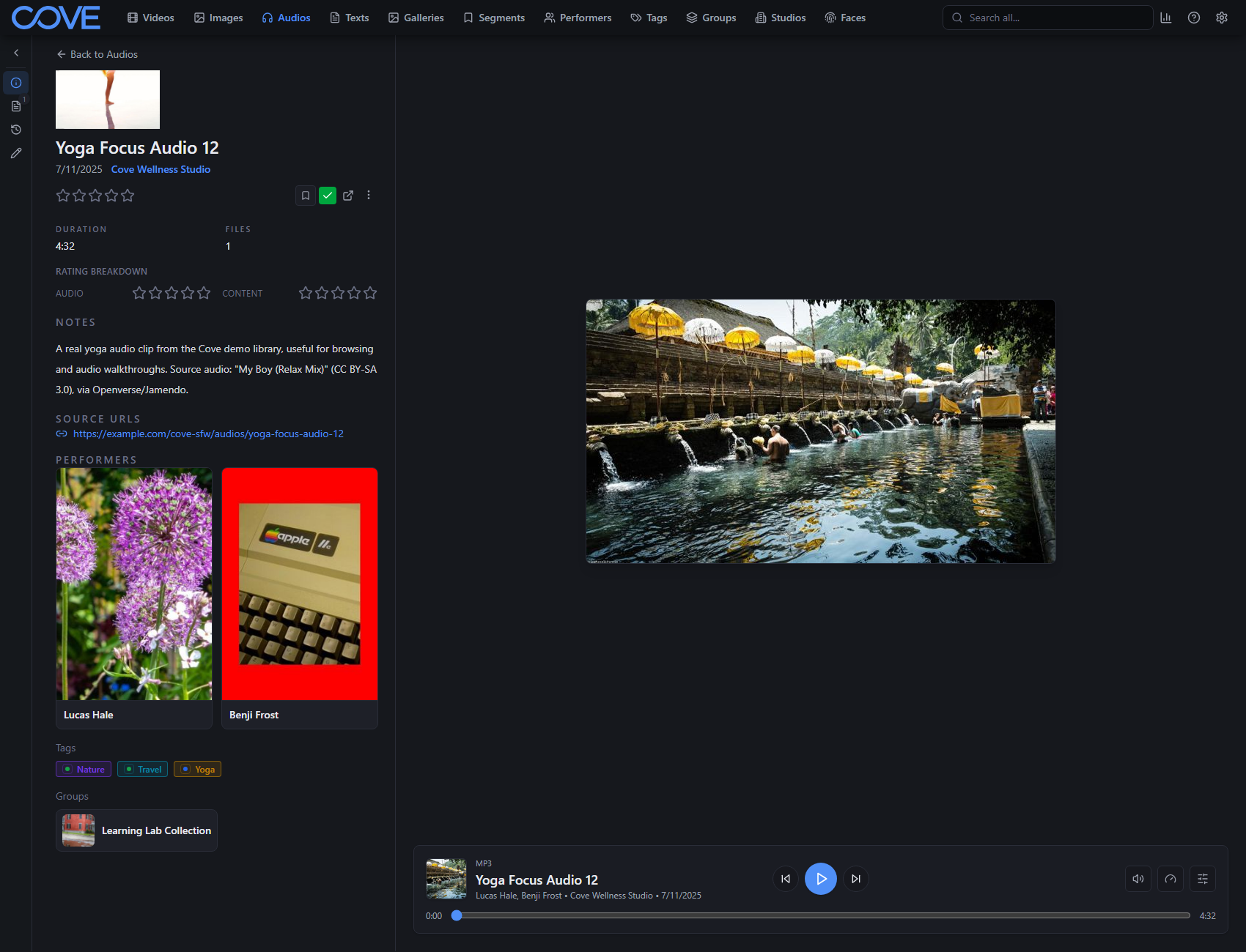 Cove audio detail page showing playback controls, metadata, and related media.