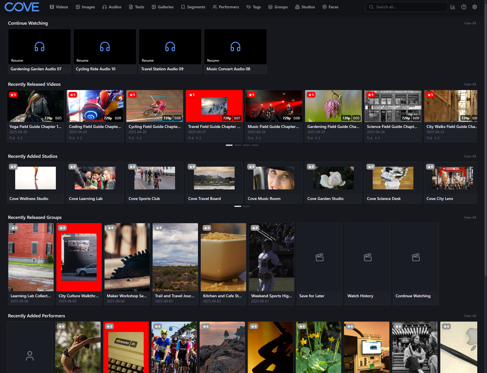 Cove dashboard showing continue watching and recent activity.