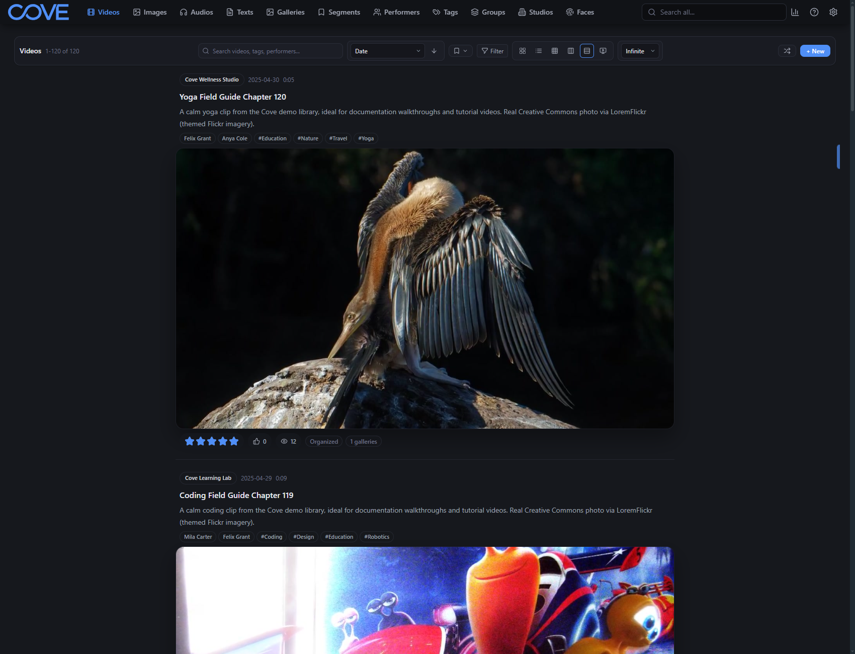 Cove videos page in feed view.