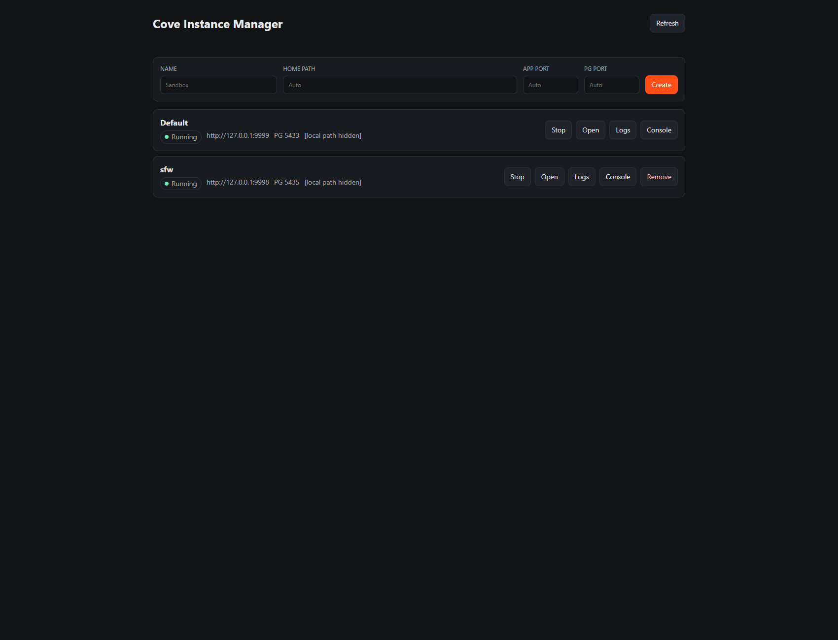 Cove instance manager with local file paths hidden.