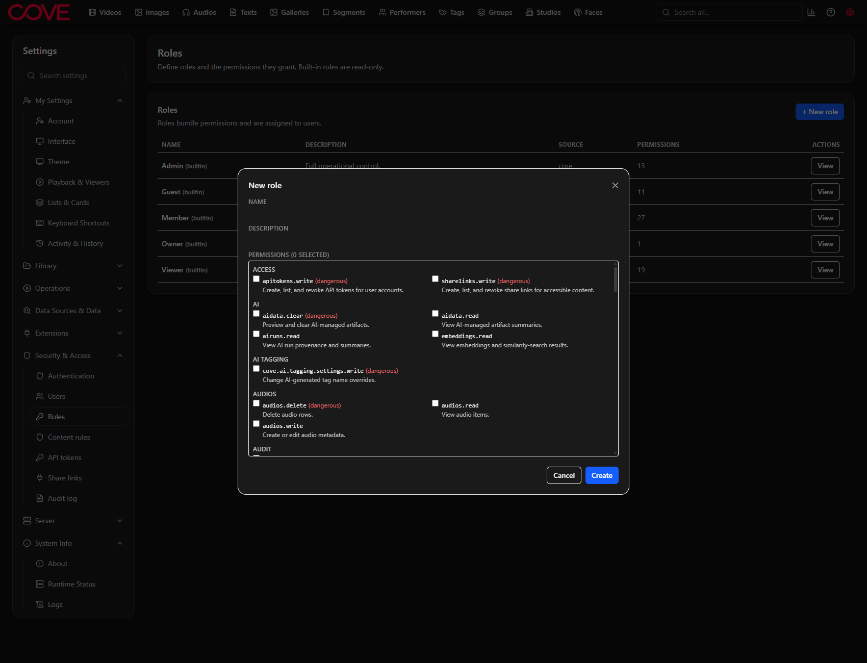 Cove role permission editor showing detailed permission controls.