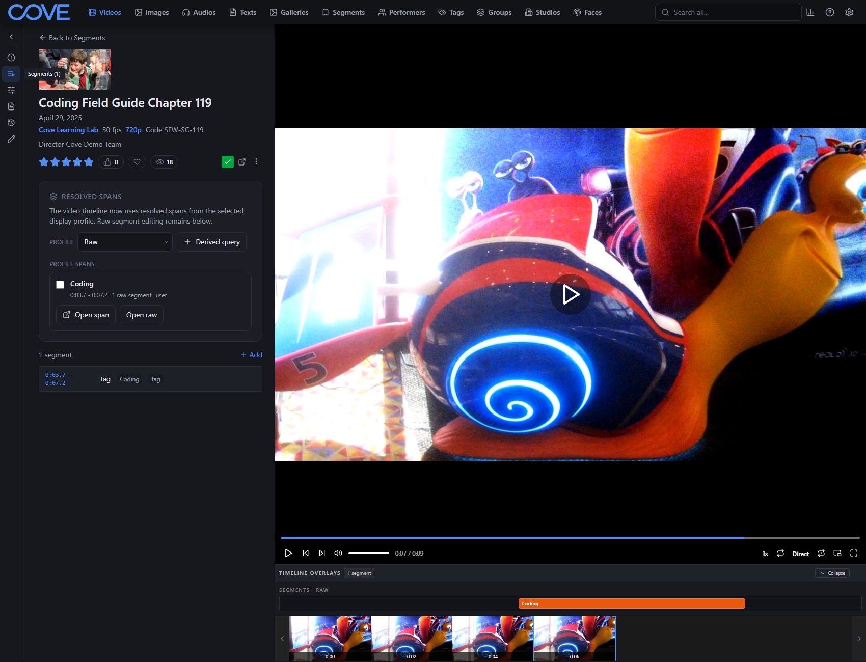 Cove video player with a raw segment profile and segment markers on the timeline.