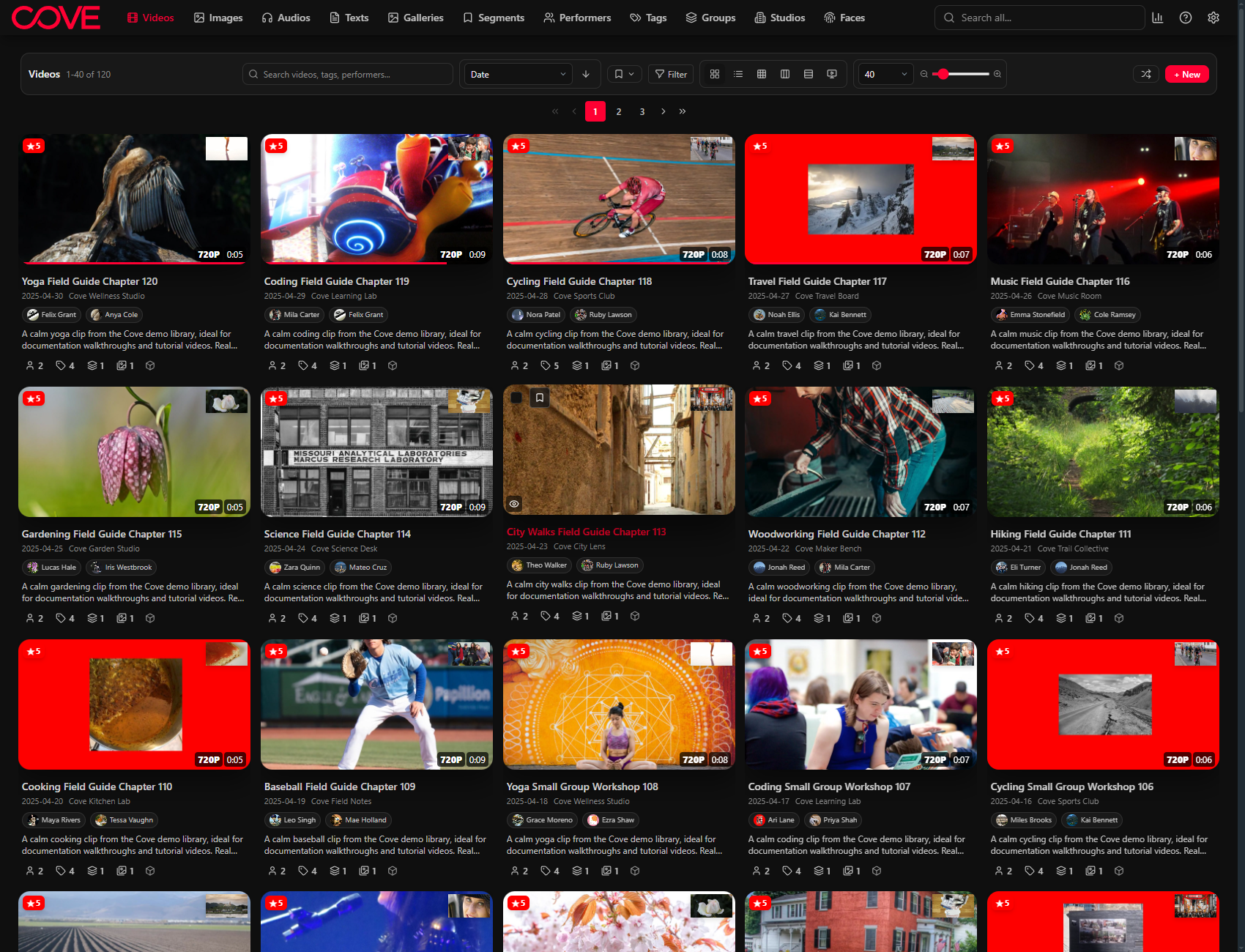 Cove videos page using the cinema dark theme.