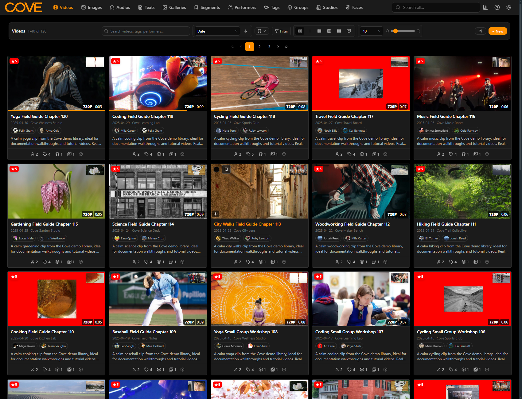 Cove videos page using the copper noir theme.