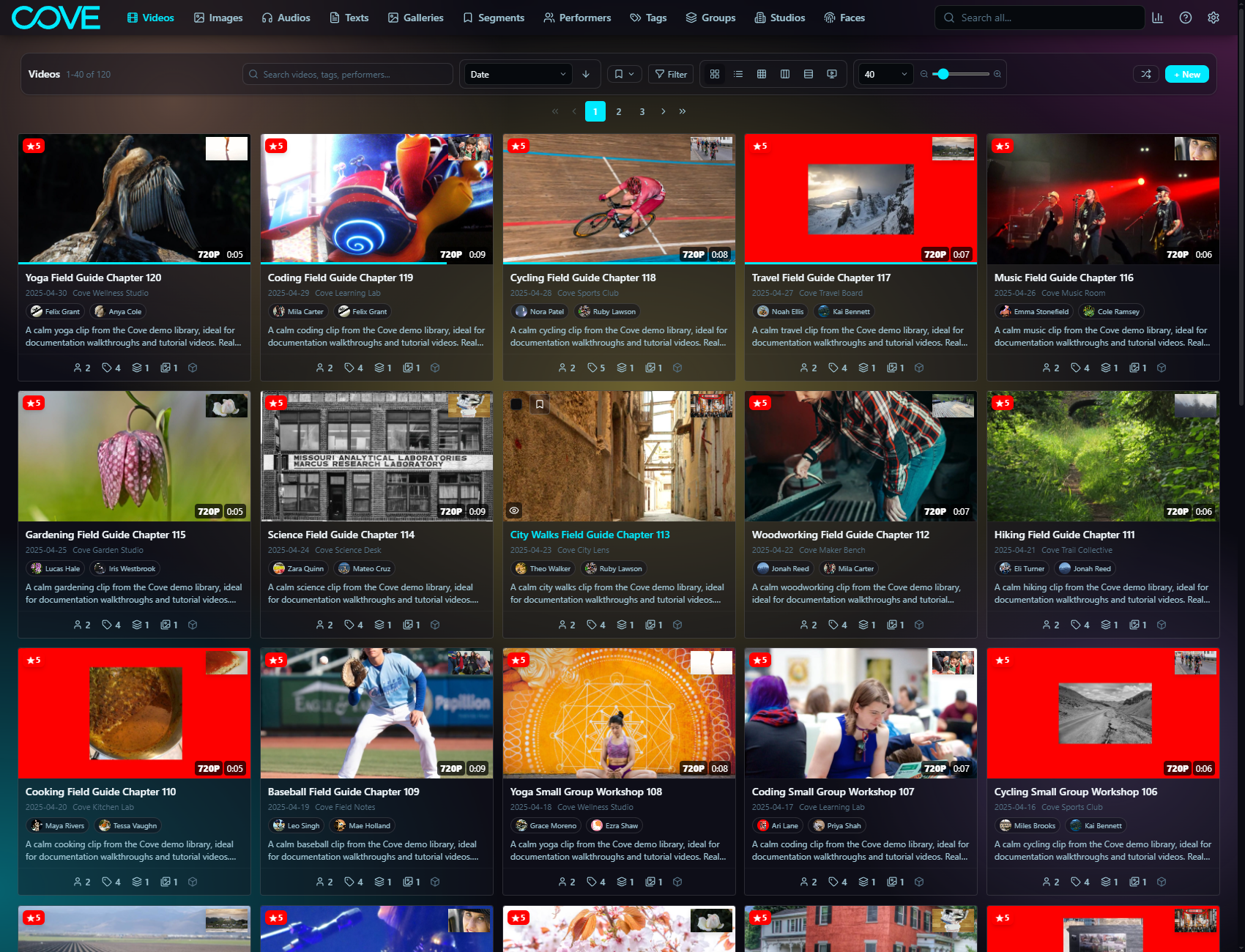 Cove videos page using the cyberpunk theme.