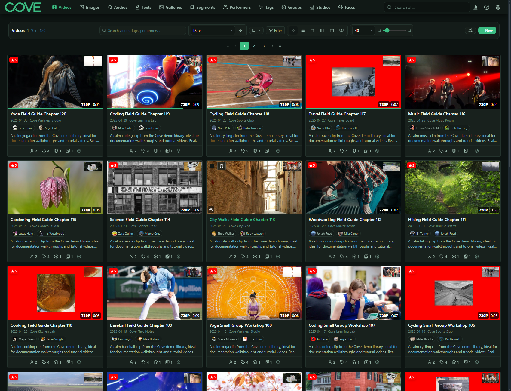 Cove videos page using the dark emerald theme.