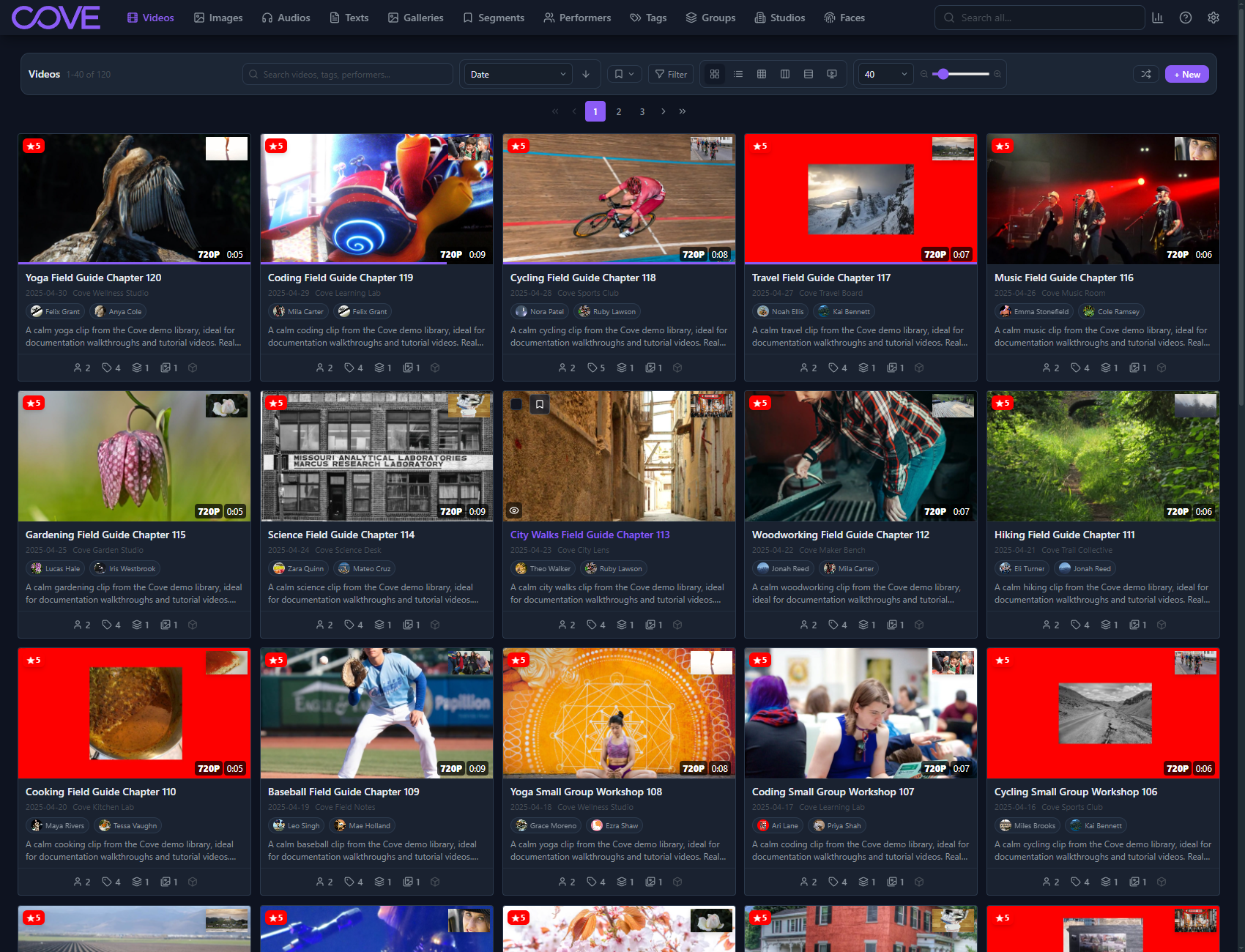 Cove videos page using the dark midnight theme.