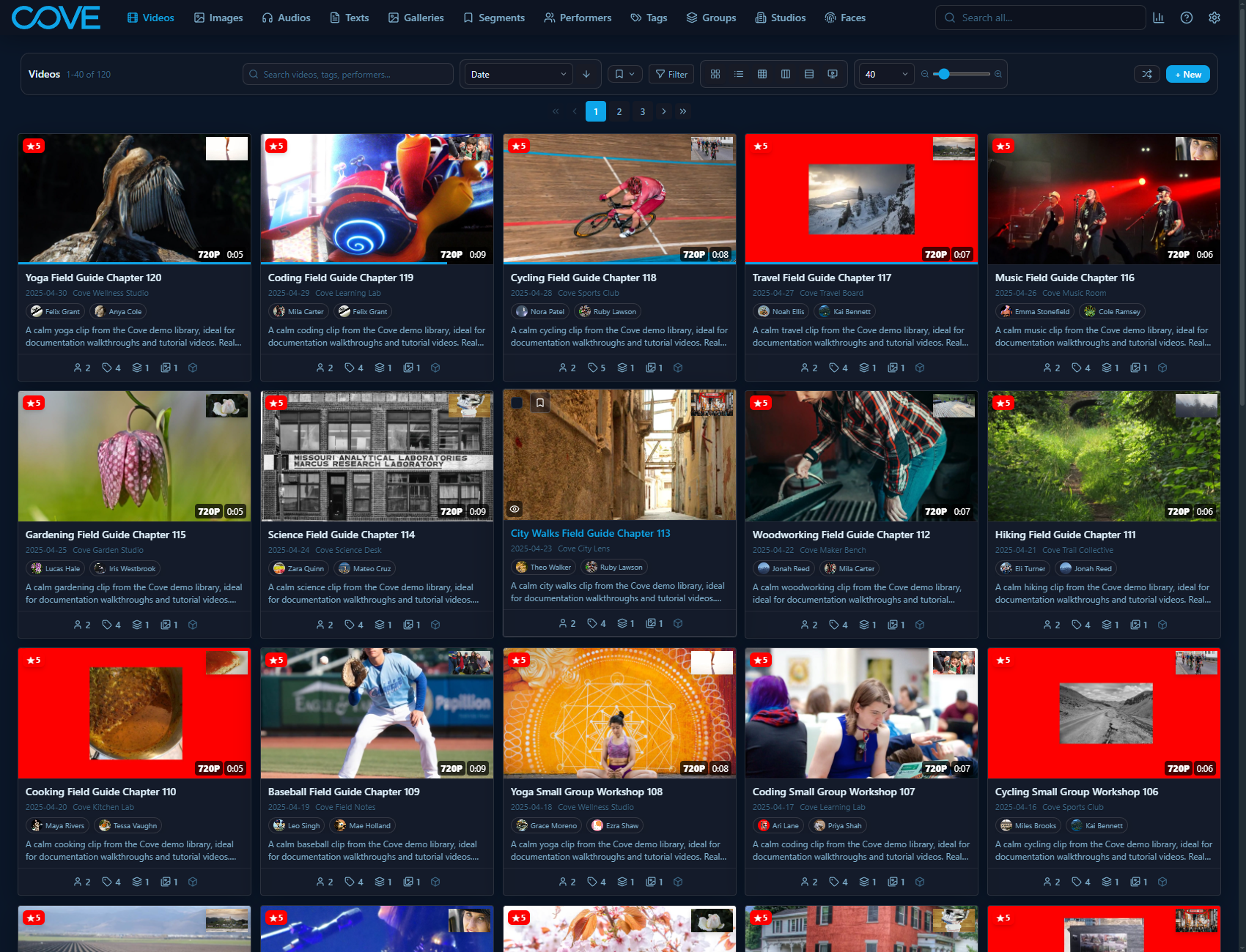 Cove videos page using the dark ocean theme.