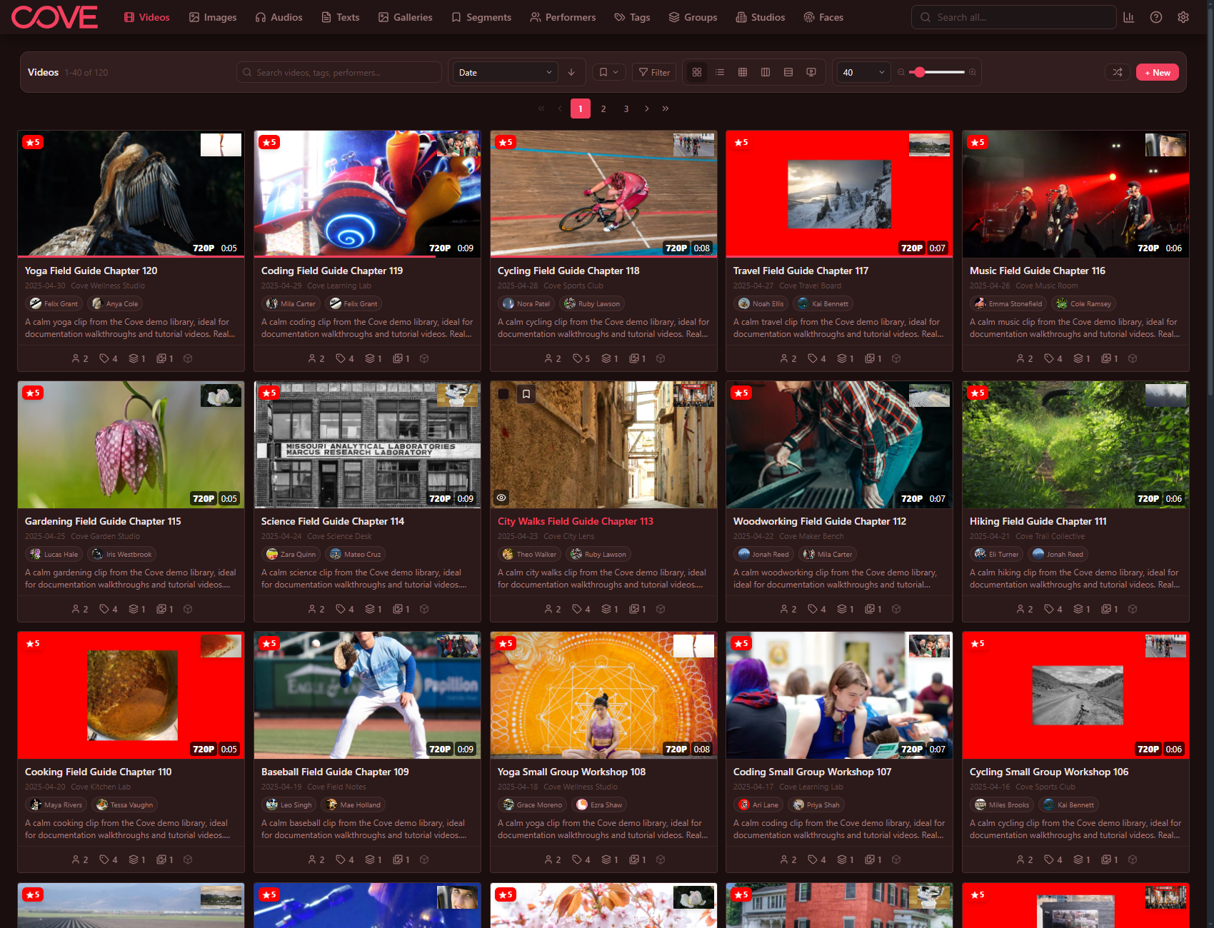 Cove videos page using the dark rose theme.