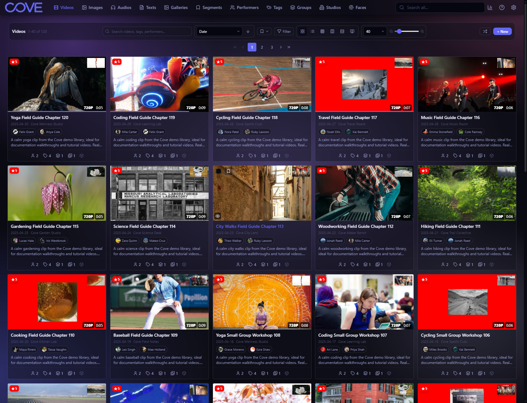 Cove videos page using the deep space theme.