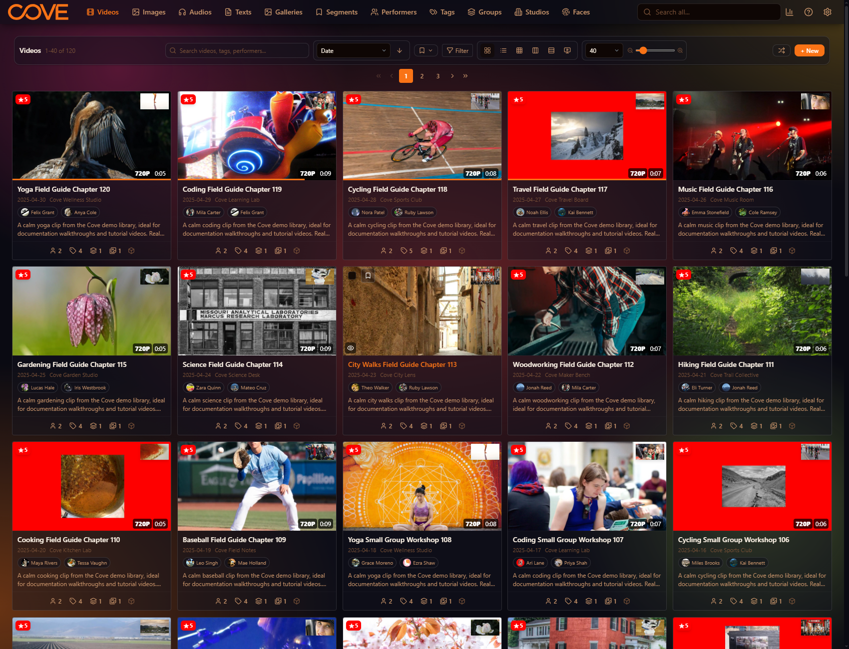 Cove videos page using the ember theme.