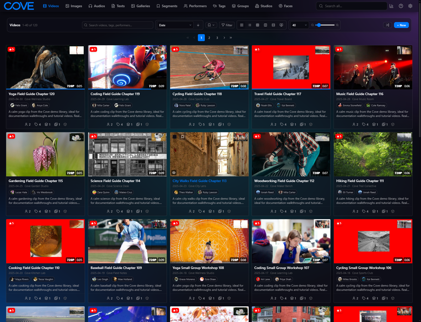 Cove videos page using the liquid glass theme.