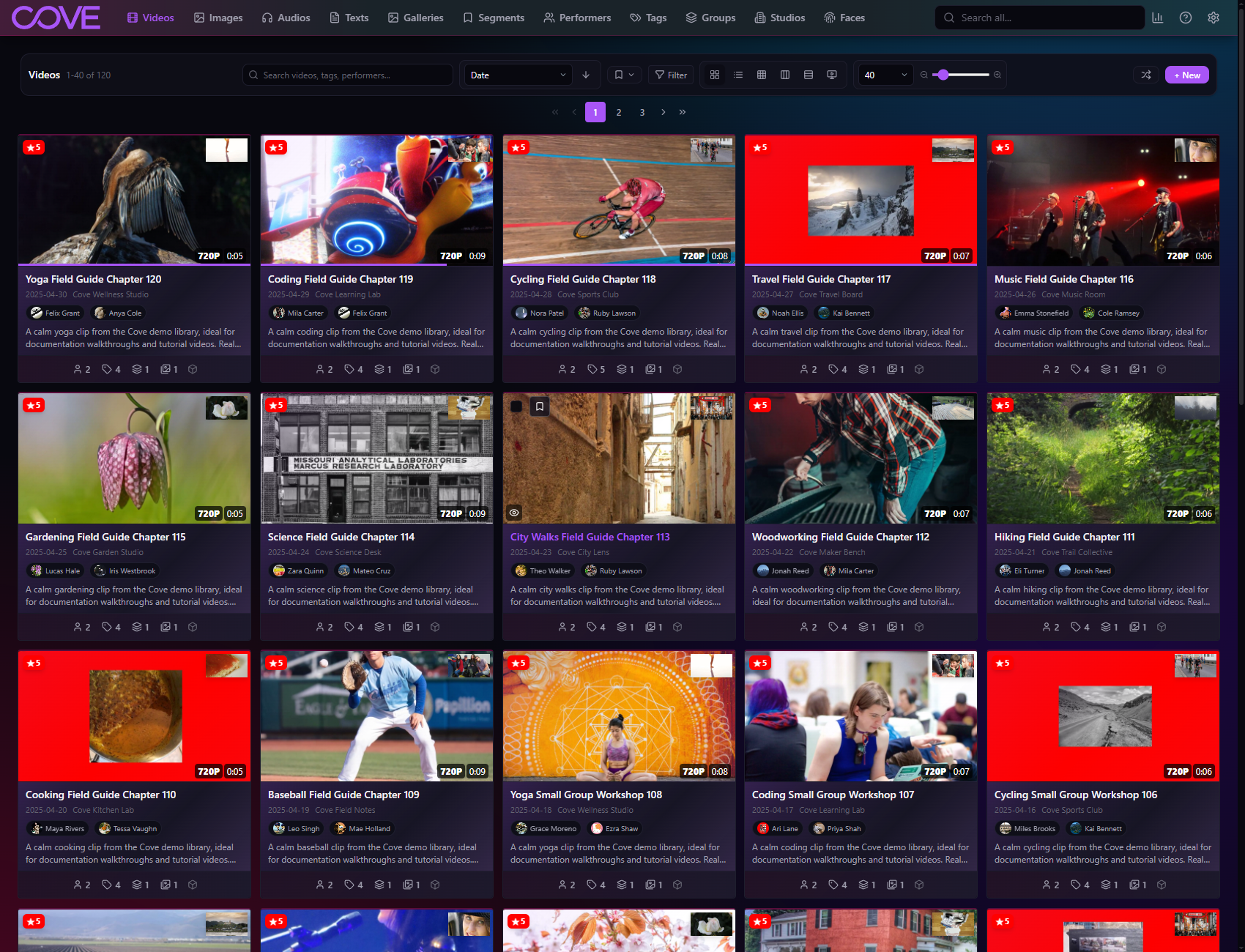 Cove videos page using the rainbow theme.