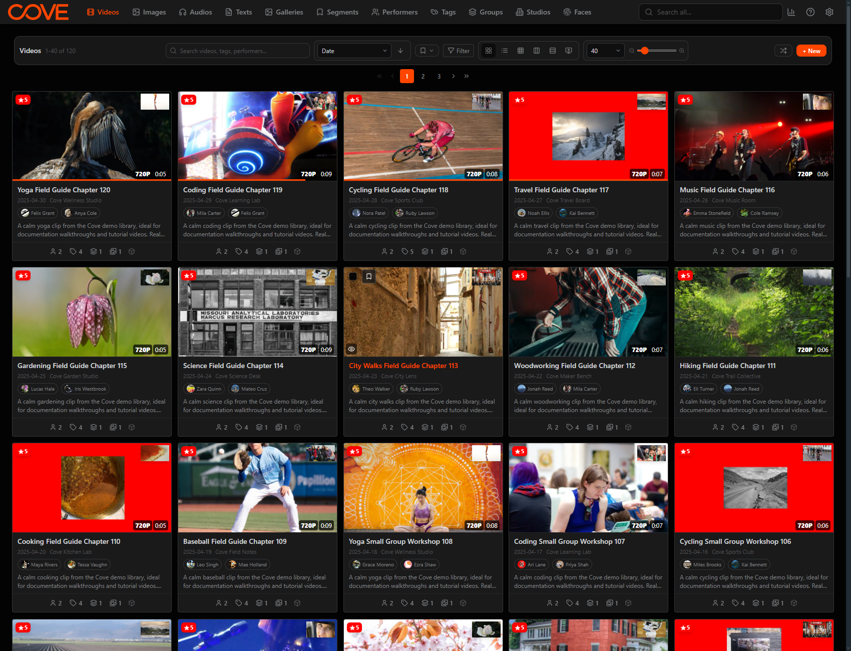Cove videos page using the signal dark theme.