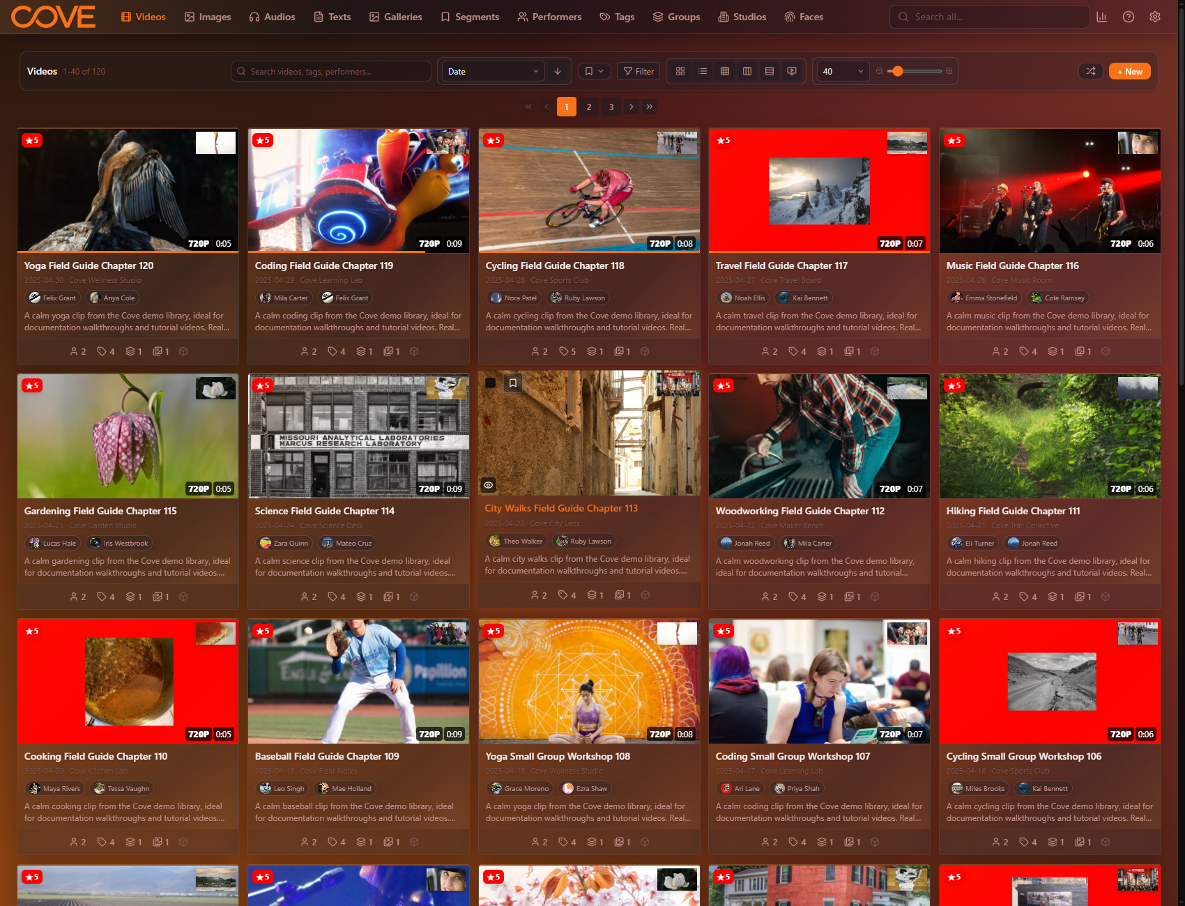 Cove videos page using the sunset gradient theme.