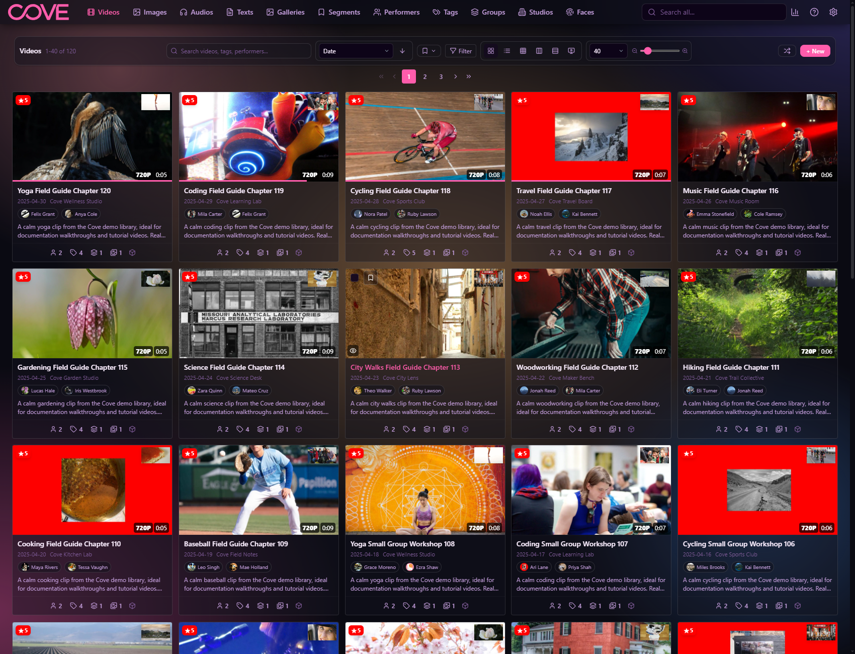 Cove videos page using the synthwave theme.