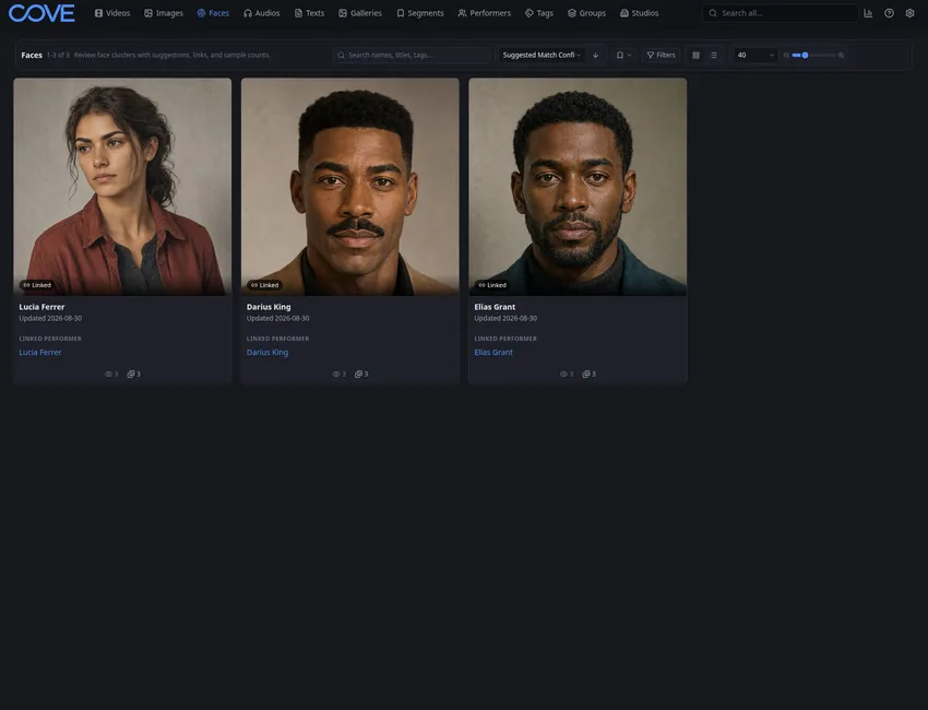 Cove faces page showing three recognized demo performers and their grouped detection counts.