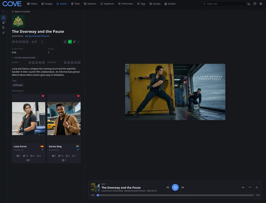 Cove audio detail page showing playback controls, metadata, and related media.