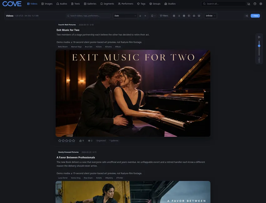 Cove videos page in feed view.