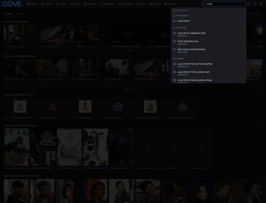 Cove global search showing a performer and related media results.