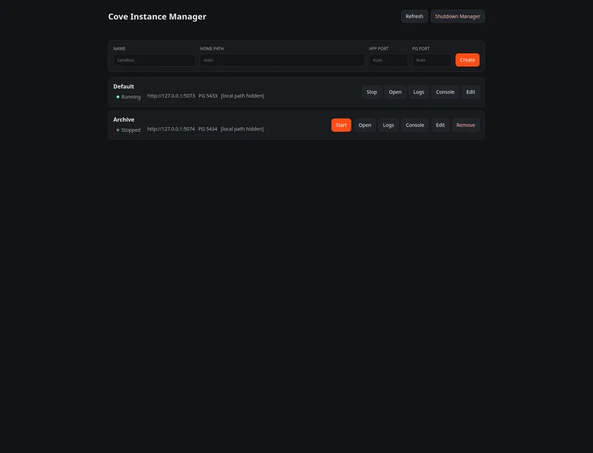Cove instance manager with local file paths hidden.