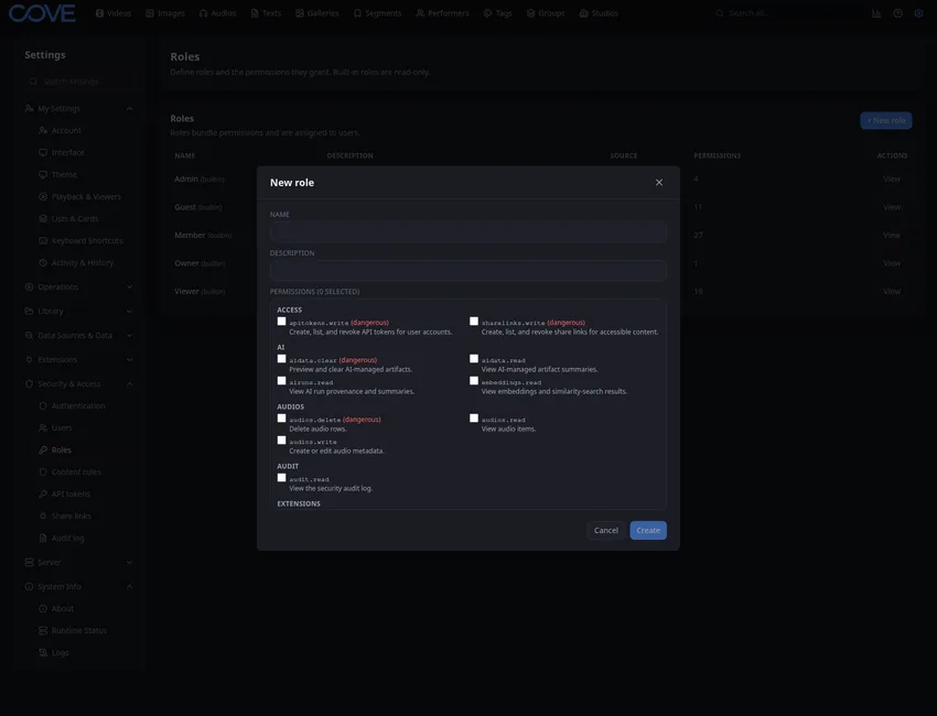 Cove role permission editor showing detailed permission controls.
