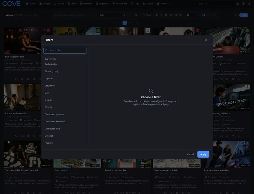 Cove videos page with search, sorting, filters, and page-size controls.