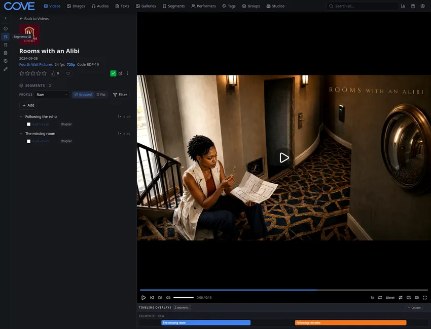 Cove video player with a raw segment profile and segment markers on the timeline.