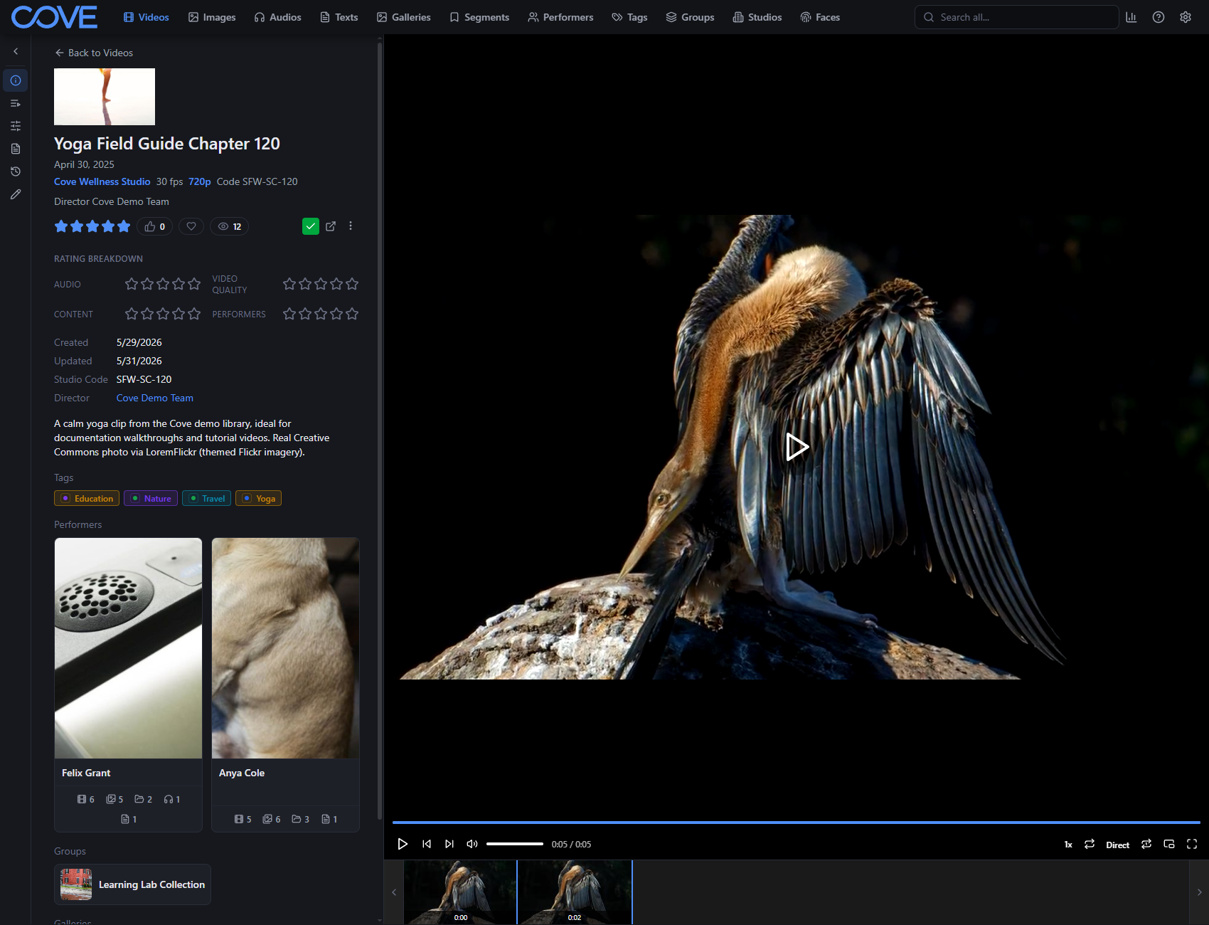 Cove video detail page with playback timeline and metadata.